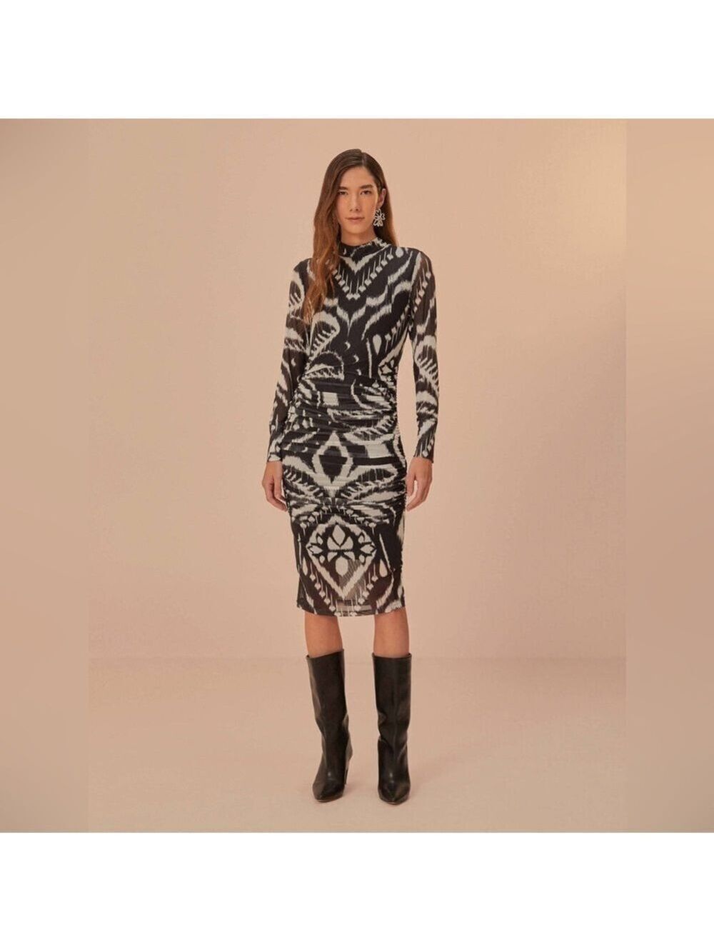 Farm Rio Pineapple Ikat Black Tulle Midi Dress